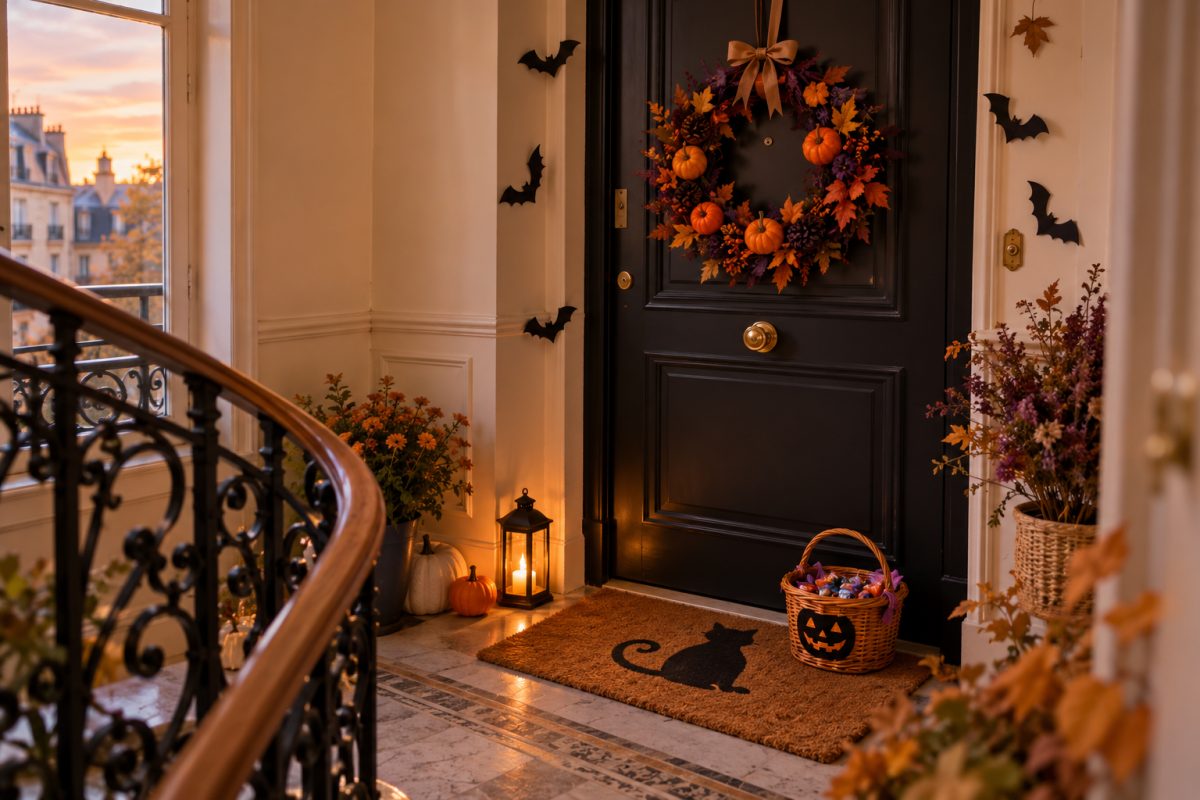Porte d'appartement décorée pour Halloween