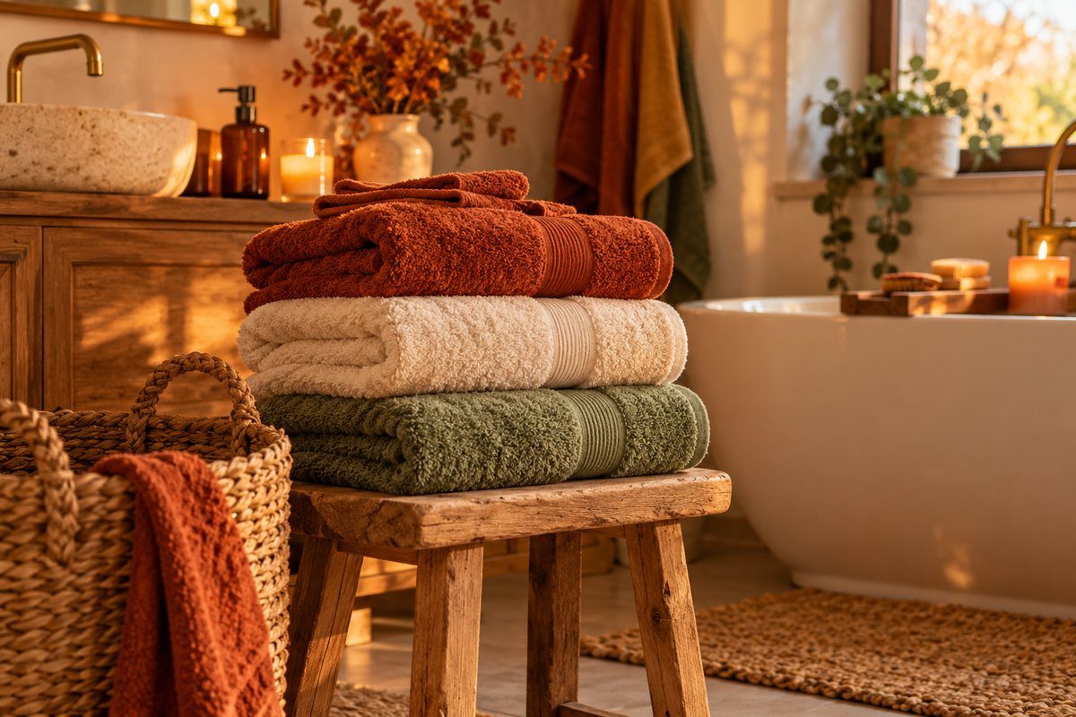 Serviettes et accessoires pour une salle de bain d'automne