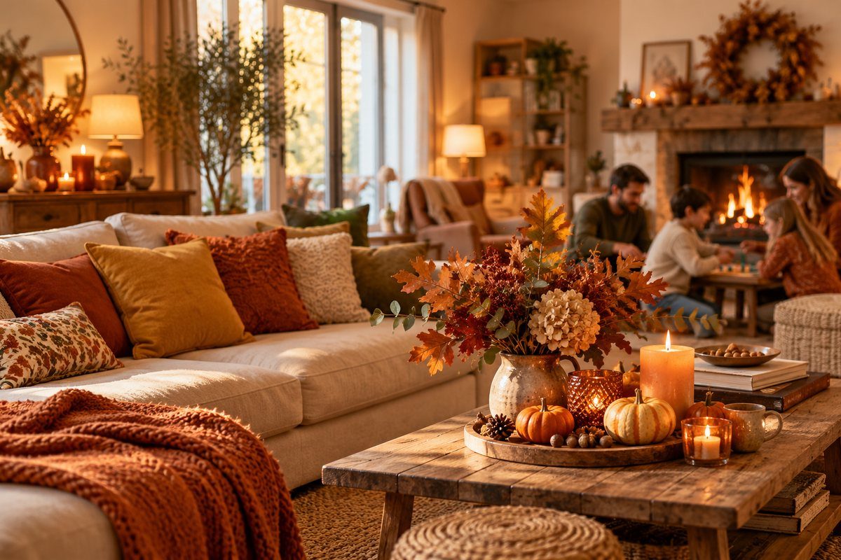 Salon d'automne cosy décoré à petit prix