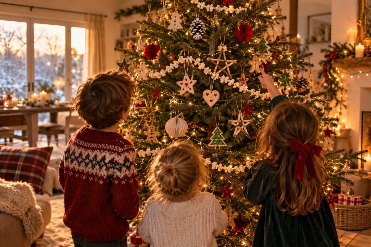 Sapin décoré avec des décorations faites par les enfants