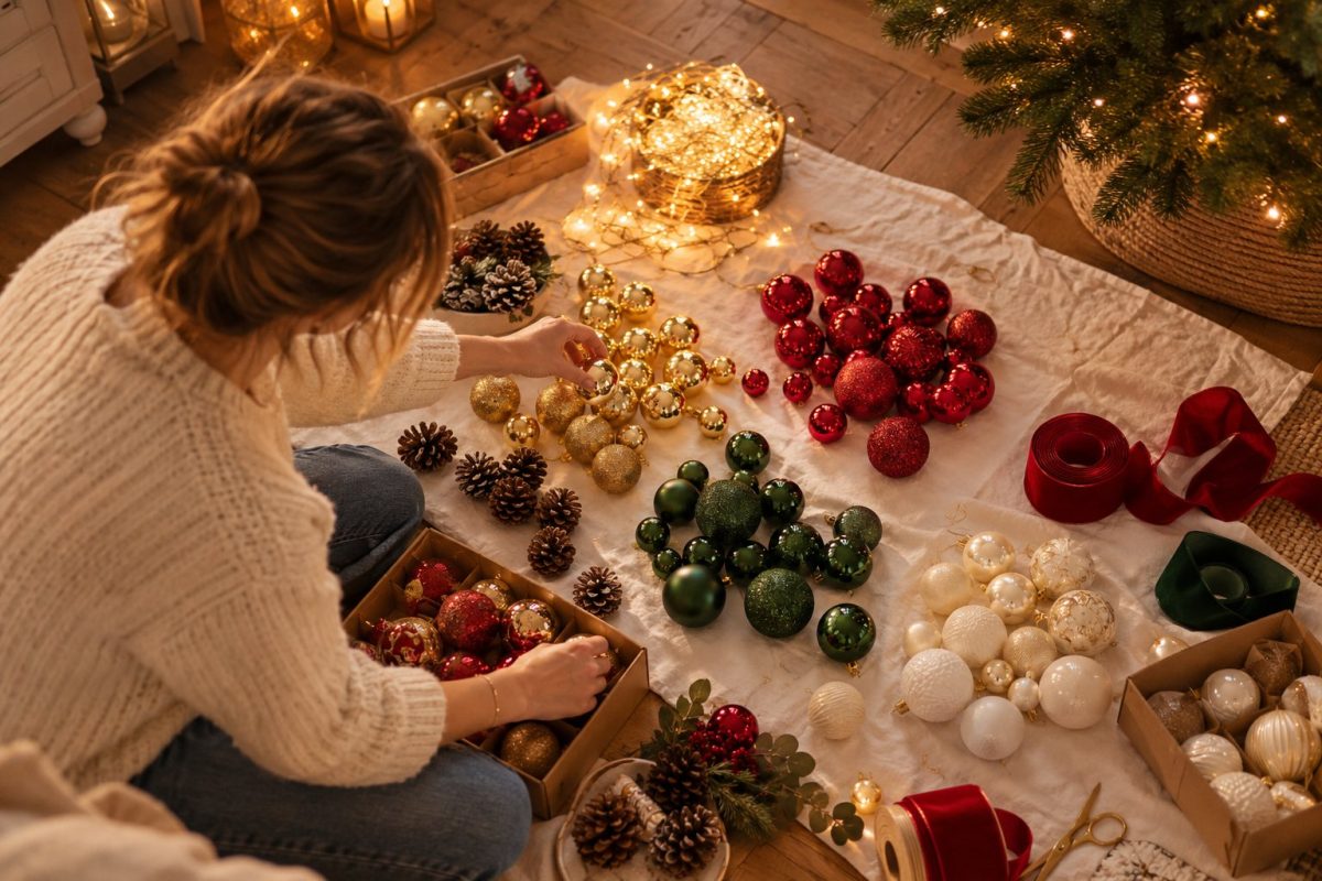 Décorations de Noël triées par taille et par couleur avant de décorer le sapin