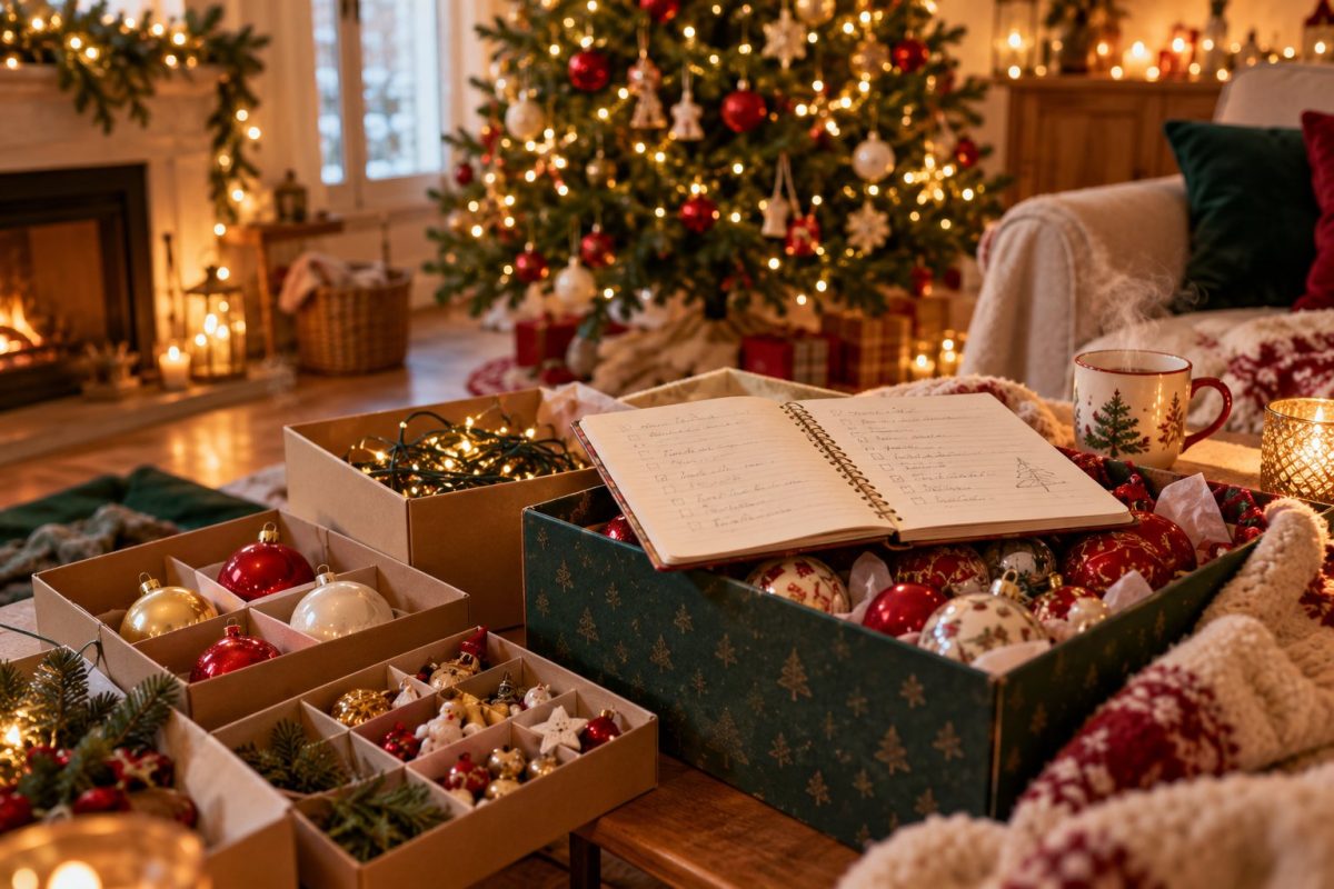 Pense-bête et décorations rangées par étape pour décorer le sapin