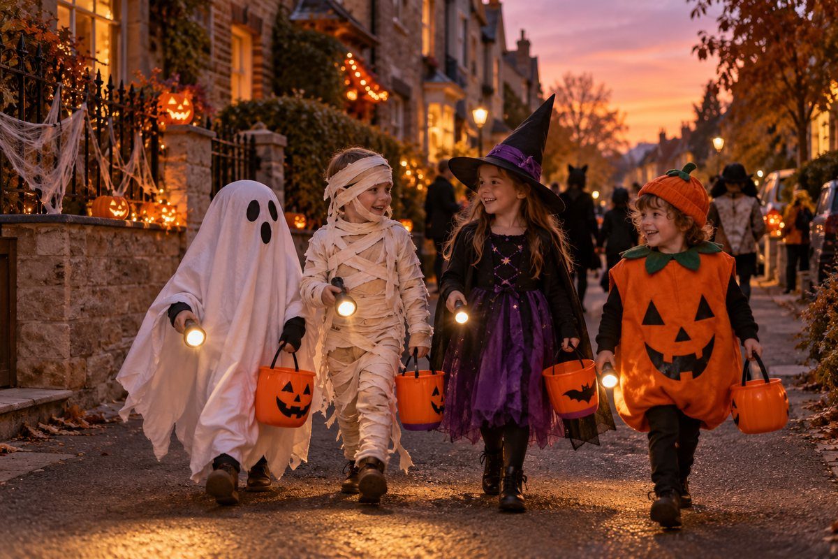 Enfants déguisés pour Halloween qui partent chercher des bonbons