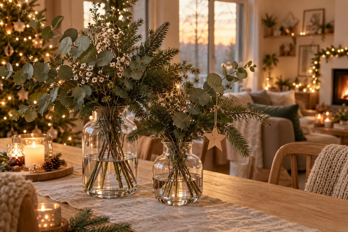Des branches dans des vases transparents