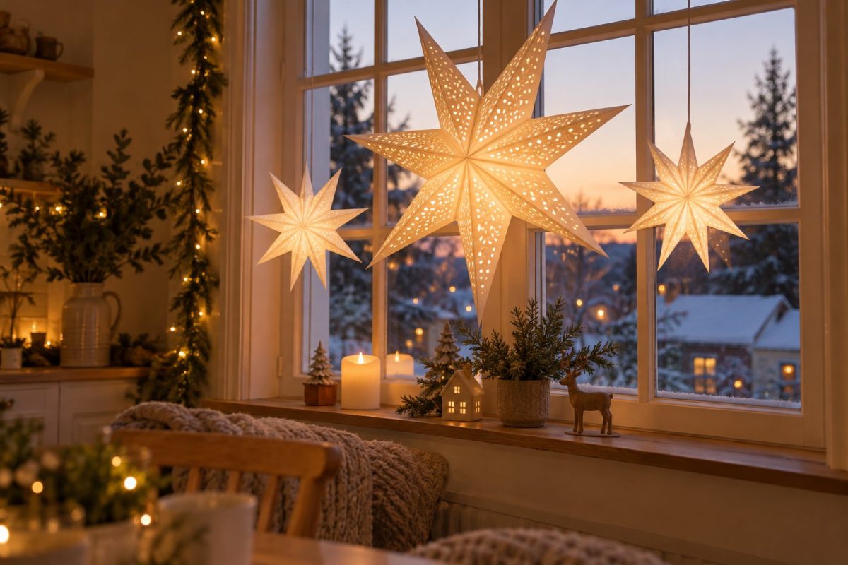 Des étoiles en papier blanc à la fenêtre