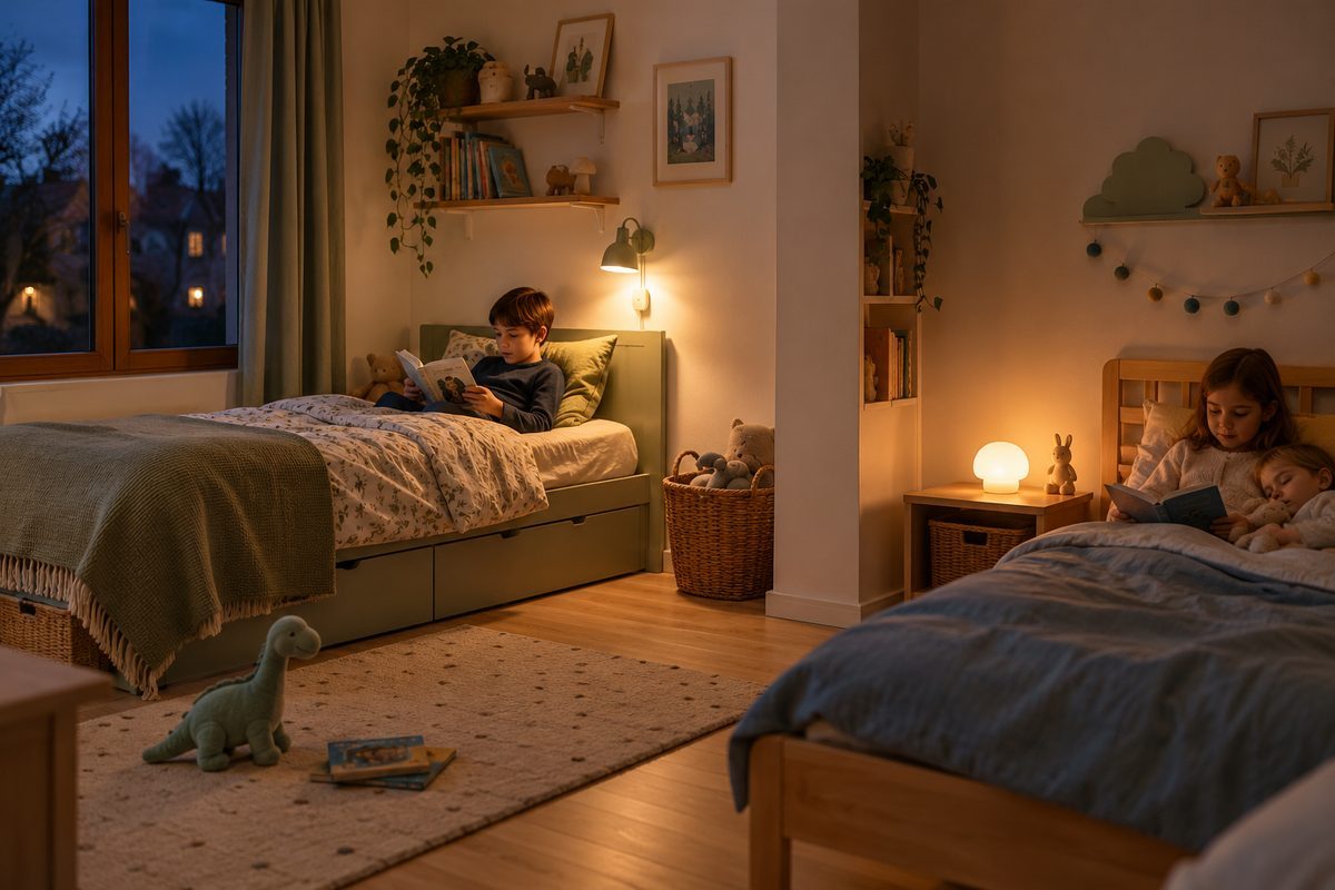 Lampes individuelles au-dessus de deux lits avec un enfant qui lit