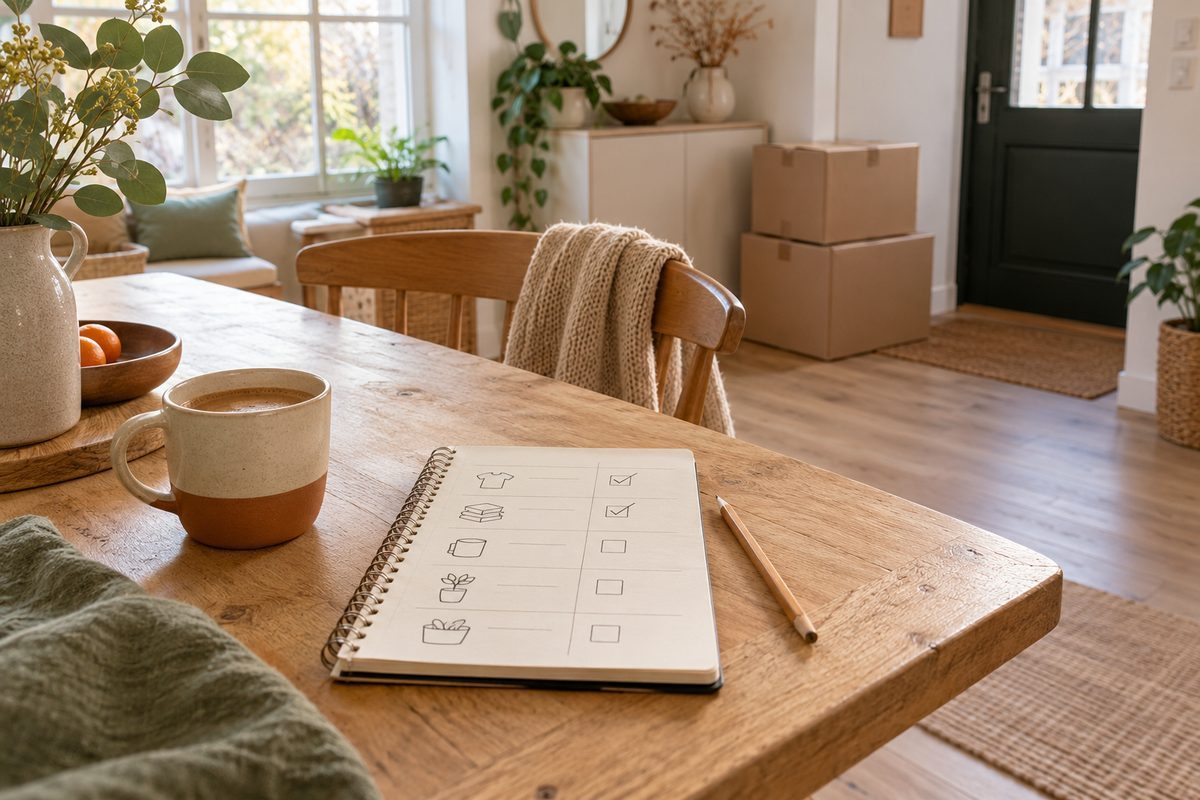 Planning de tri sur 4 semaines posé sur une table avec des cartons à donner