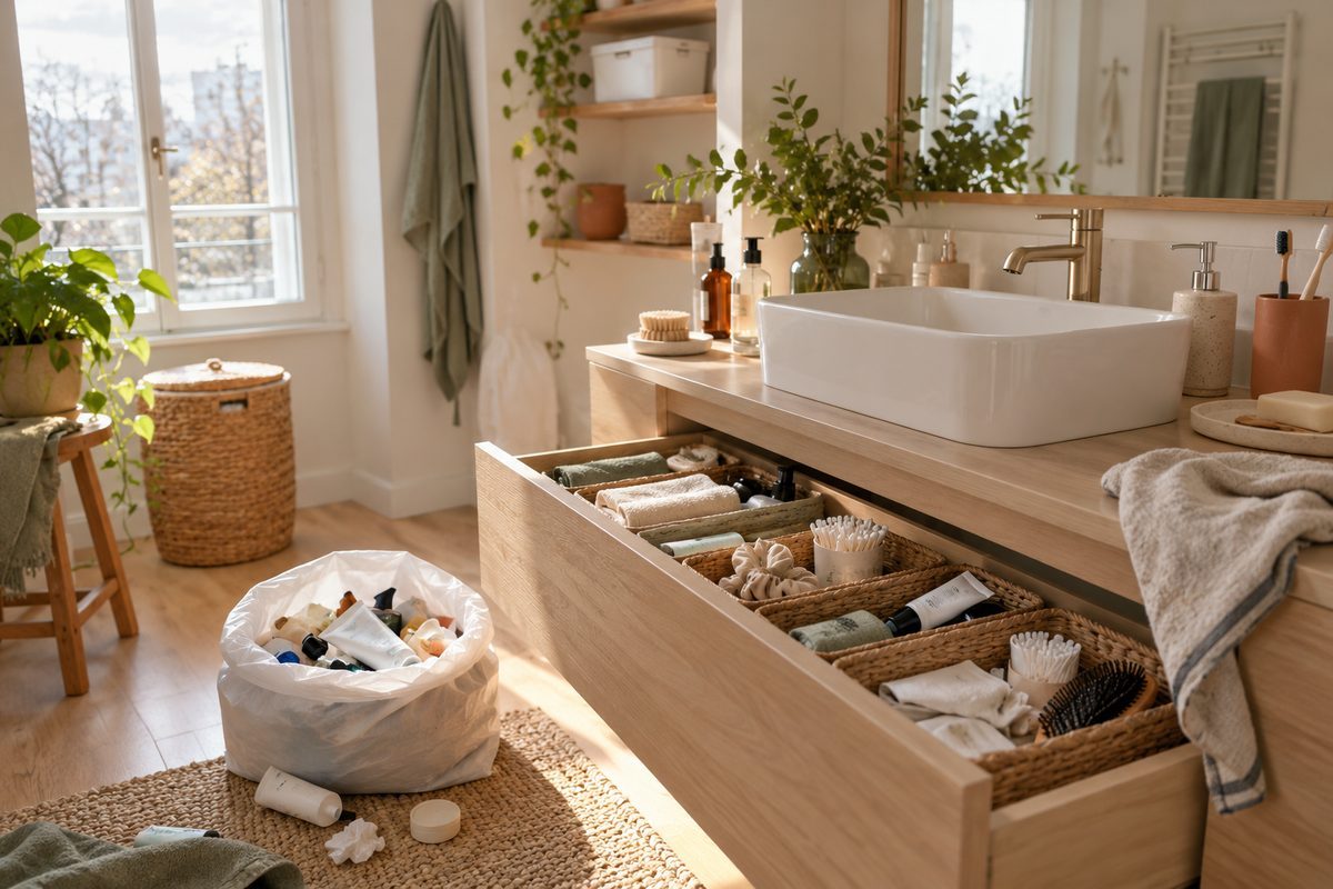 Tiroir de salle de bain trié et boîte à pharmacie rangée en hauteur