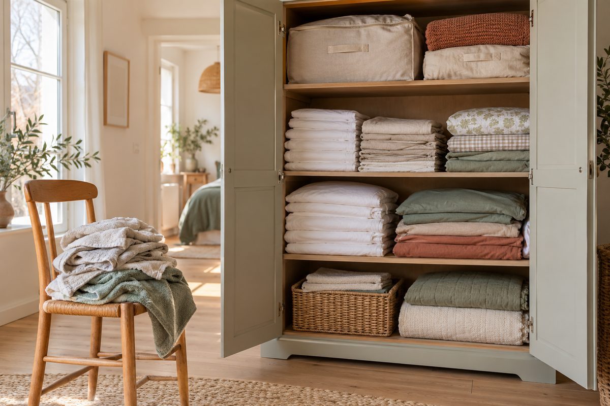 Armoire à linge rangée avec draps pliés et couvertures en housses