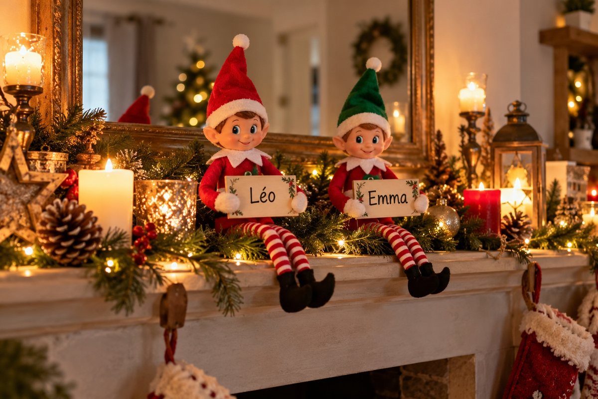 Deux lutins farceurs dans une maison décorée pour Noël