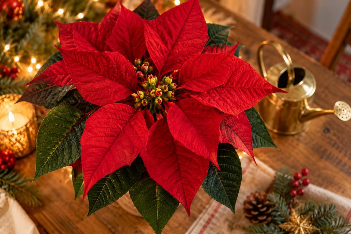 Gros plan sur les bractées rouges et les petites fleurs jaunes d'un poinsettia