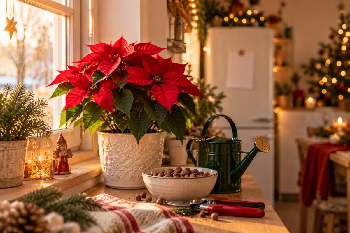 Pense-bête et poinsettia posés près d'une fenêtre