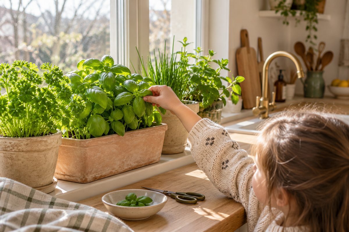 Pots d'herbes aromatiques sur le rebord de fenêtre de la cuisine avec une main d'enfant qui cueille du basilic
