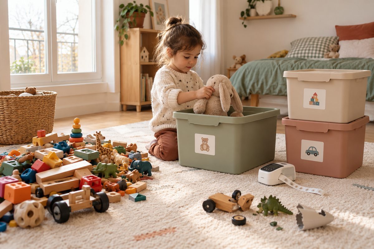 Jouets triés dans des bacs étiquetés pour la rotation des jouets
