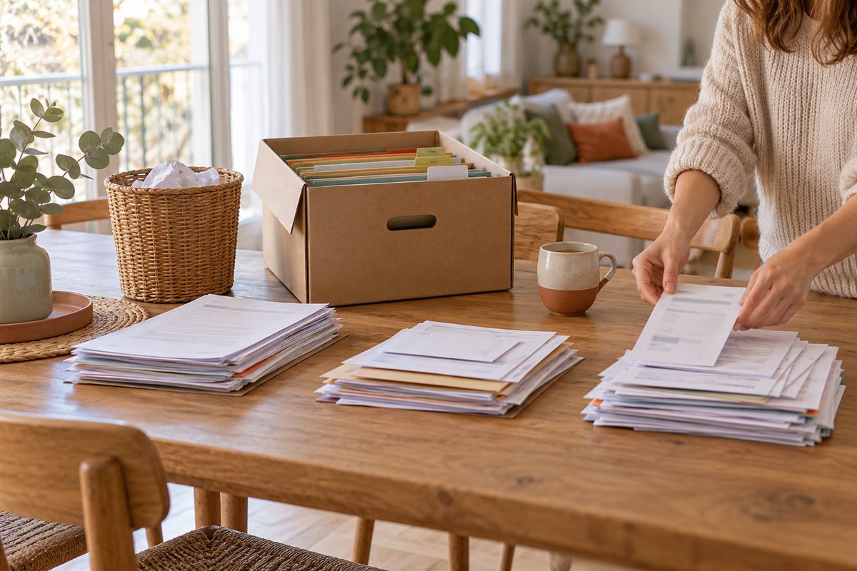 Papiers triés en trois piles avec une boîte à archives