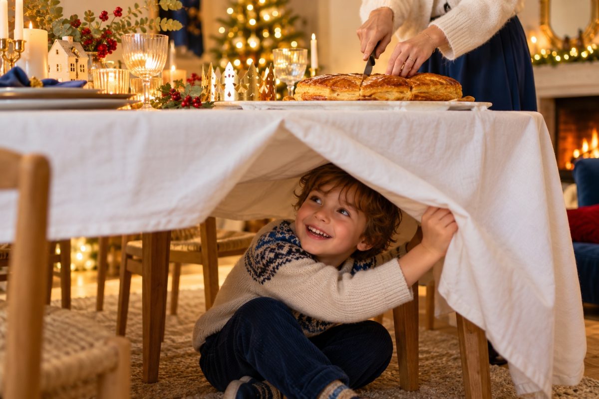 Enfant caché sous la table pour distribuer les parts de galette