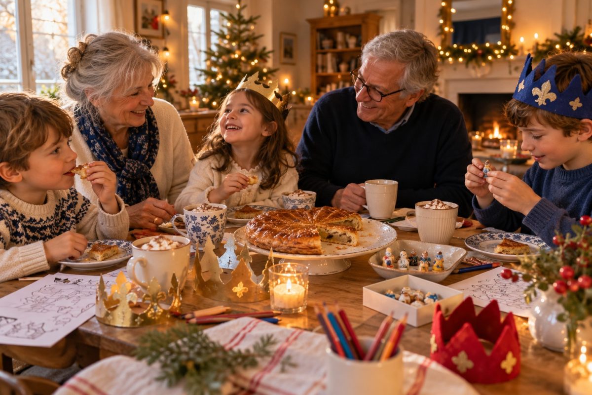 Goûter de galette des rois en famille avec couronnes faites maison