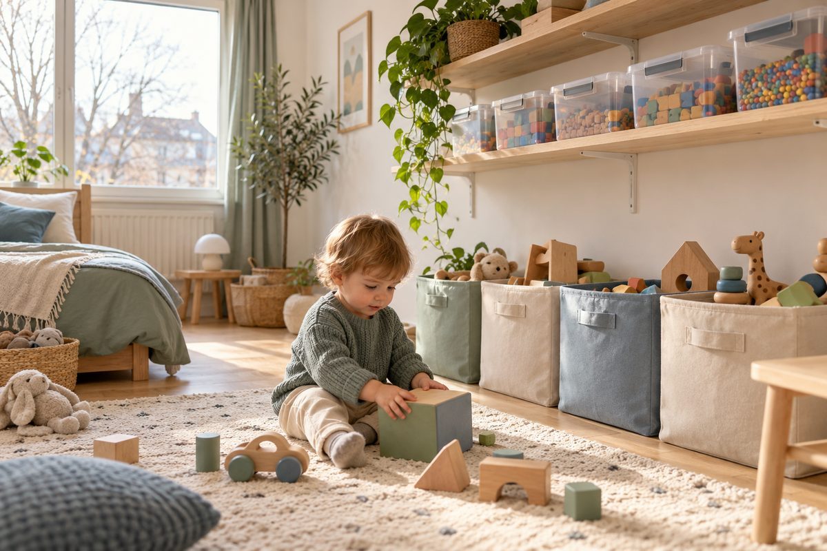 Chambre partagée avec jouets à petites pièces rangés en hauteur pour le plus grand