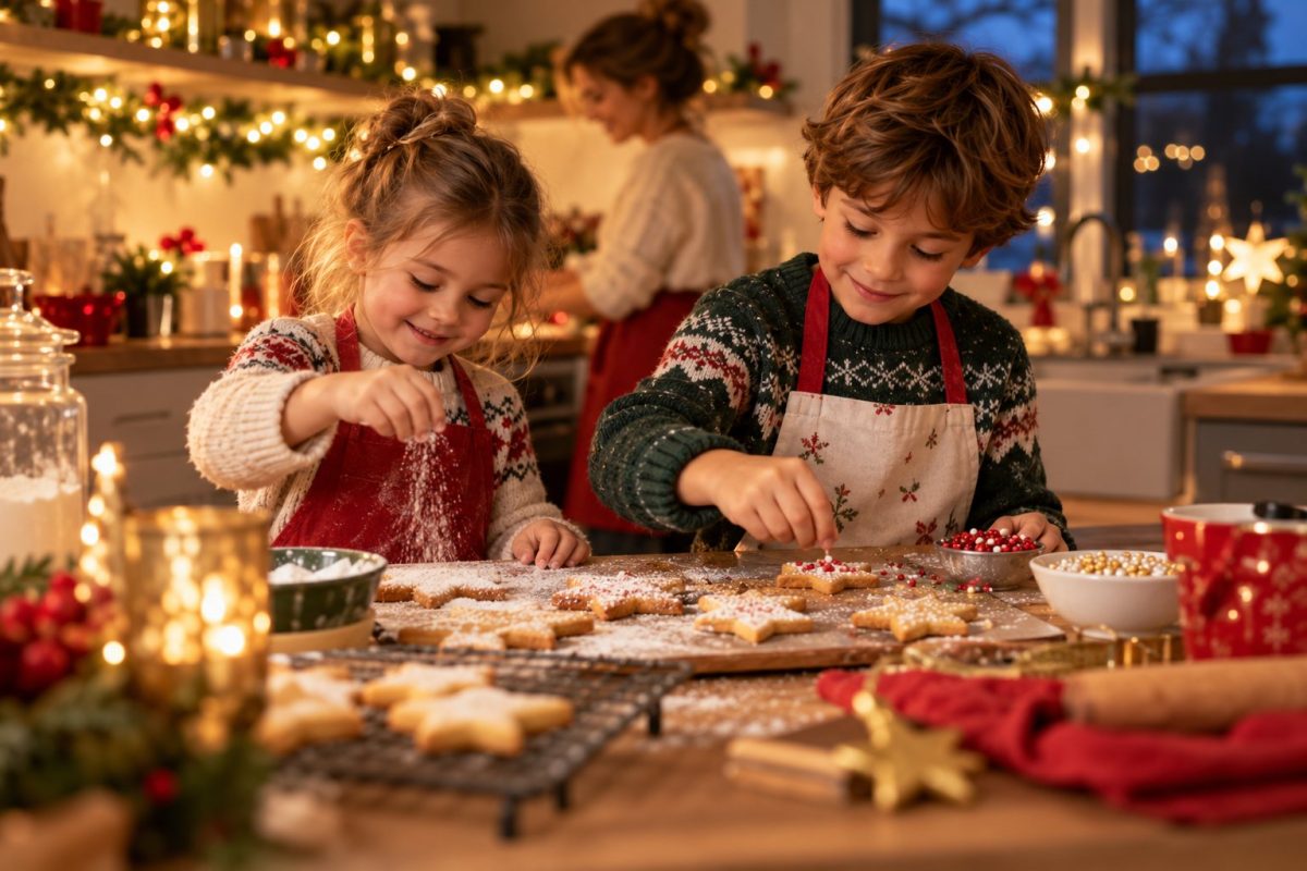 Enfants qui décorent des biscuits de Noël pour le goûter