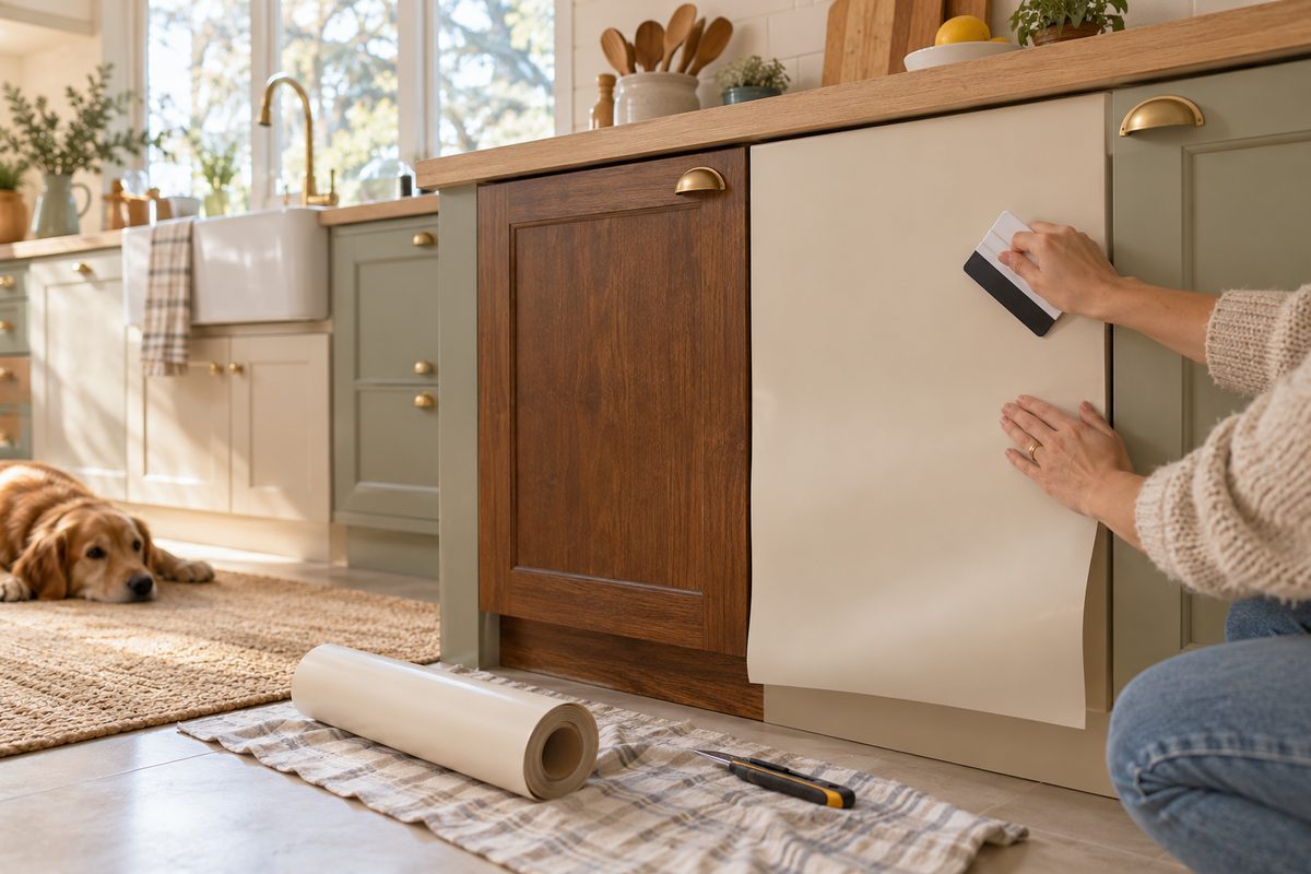 Mains qui posent un adhésif crème sur une façade de meuble de cuisine avec une raclette