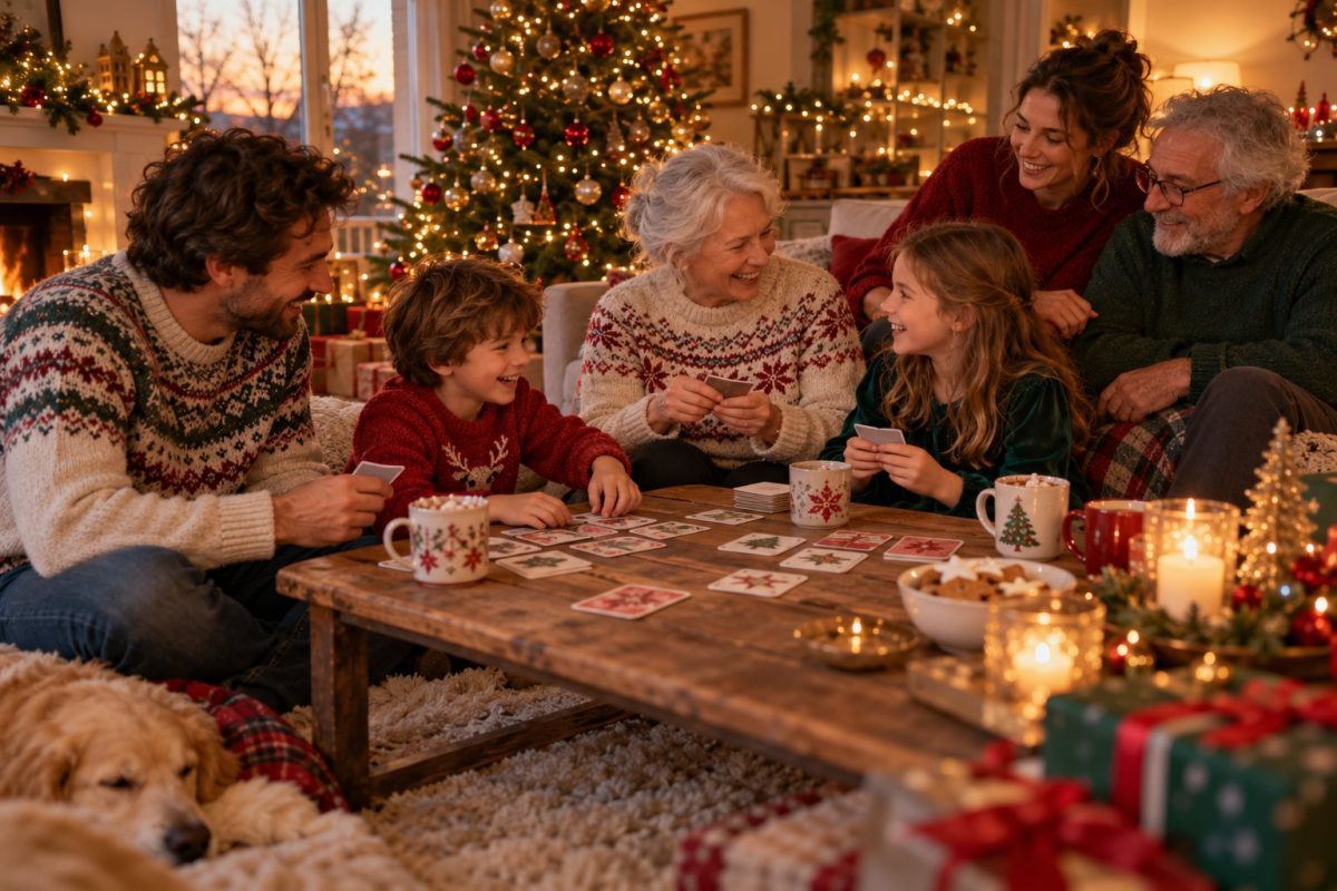 Famille réunie autour de la table basse pour un jeu de Noël