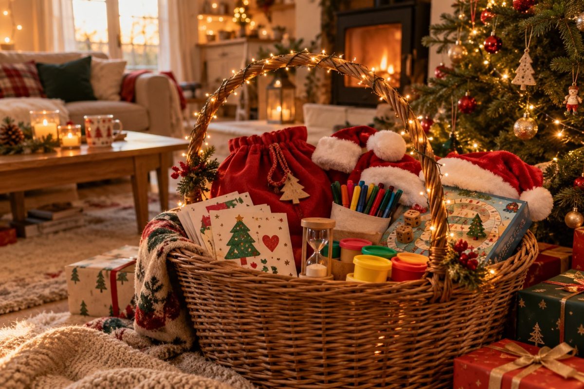Panier de jeux de Noël prêt pour la soirée en famille