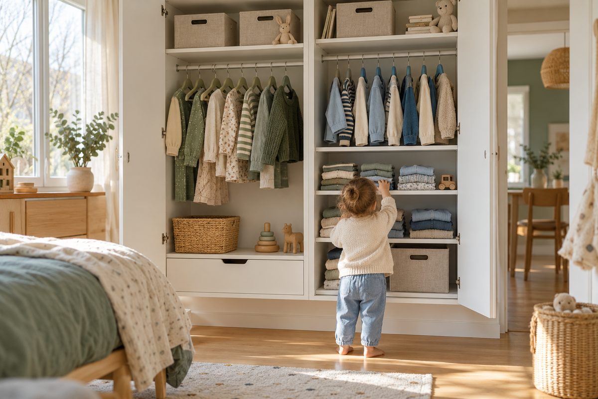 Armoire partagée par deux enfants avec cintres de deux couleurs