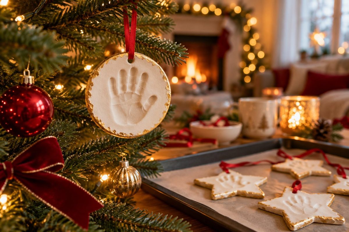 Empreinte de main d'enfant en pâte à sel peinte en blanc et doré