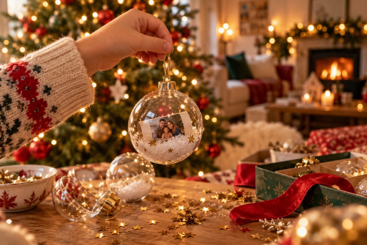 Boule de Noël transparente remplie d'une photo et de fausse neige