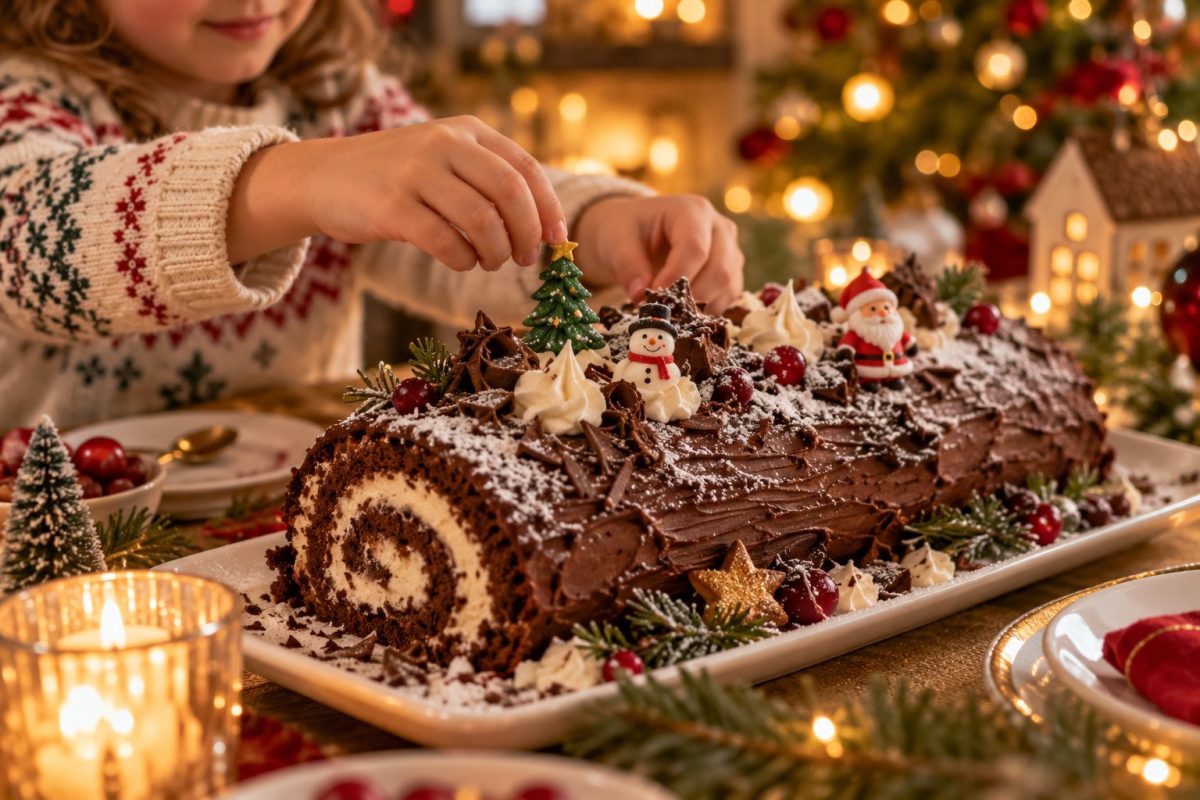 Bûche de Noël au chocolat décorée par des enfants