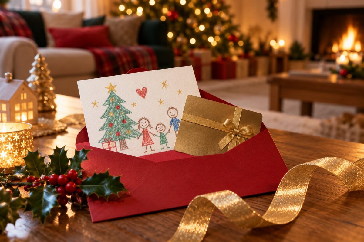 Carte cadeau glissée dans une carte décorée par des enfants