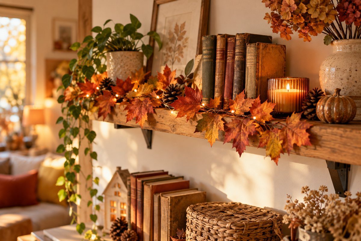 La guirlande de feuilles sur une étagère