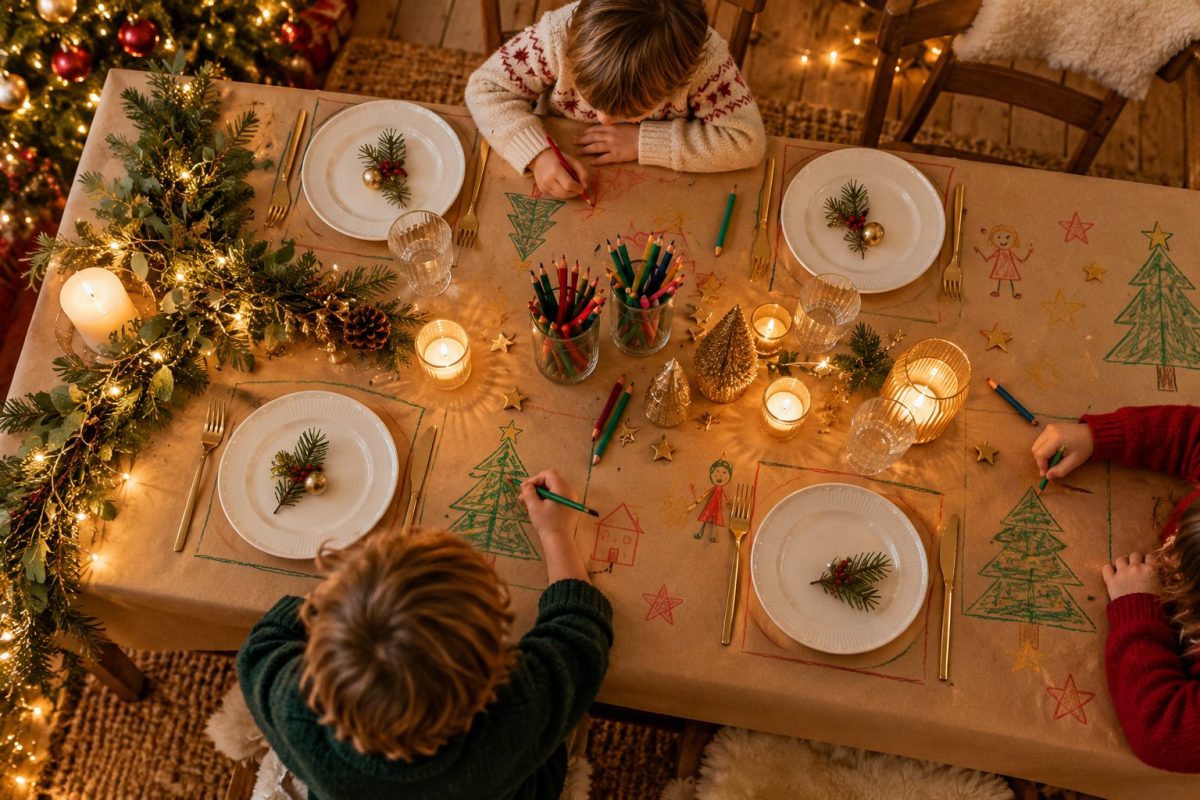 Nappe en papier kraft à colorier sur la table des enfants