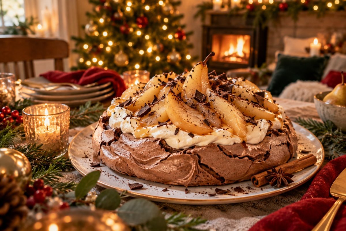 La pavlova au chocolat et aux poires