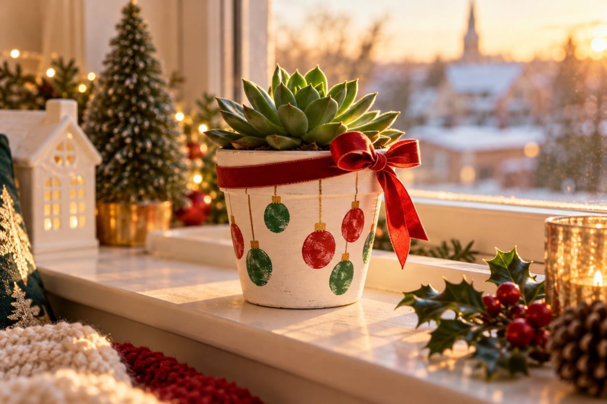 Plante grasse dans un pot en terre cuite peint par un enfant