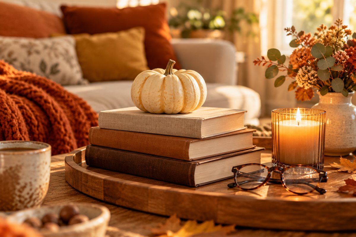 La pile de livres et la petite courge