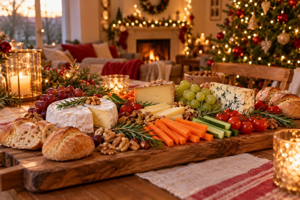 Planche de fromages et de crudités pour un brunch de Noël