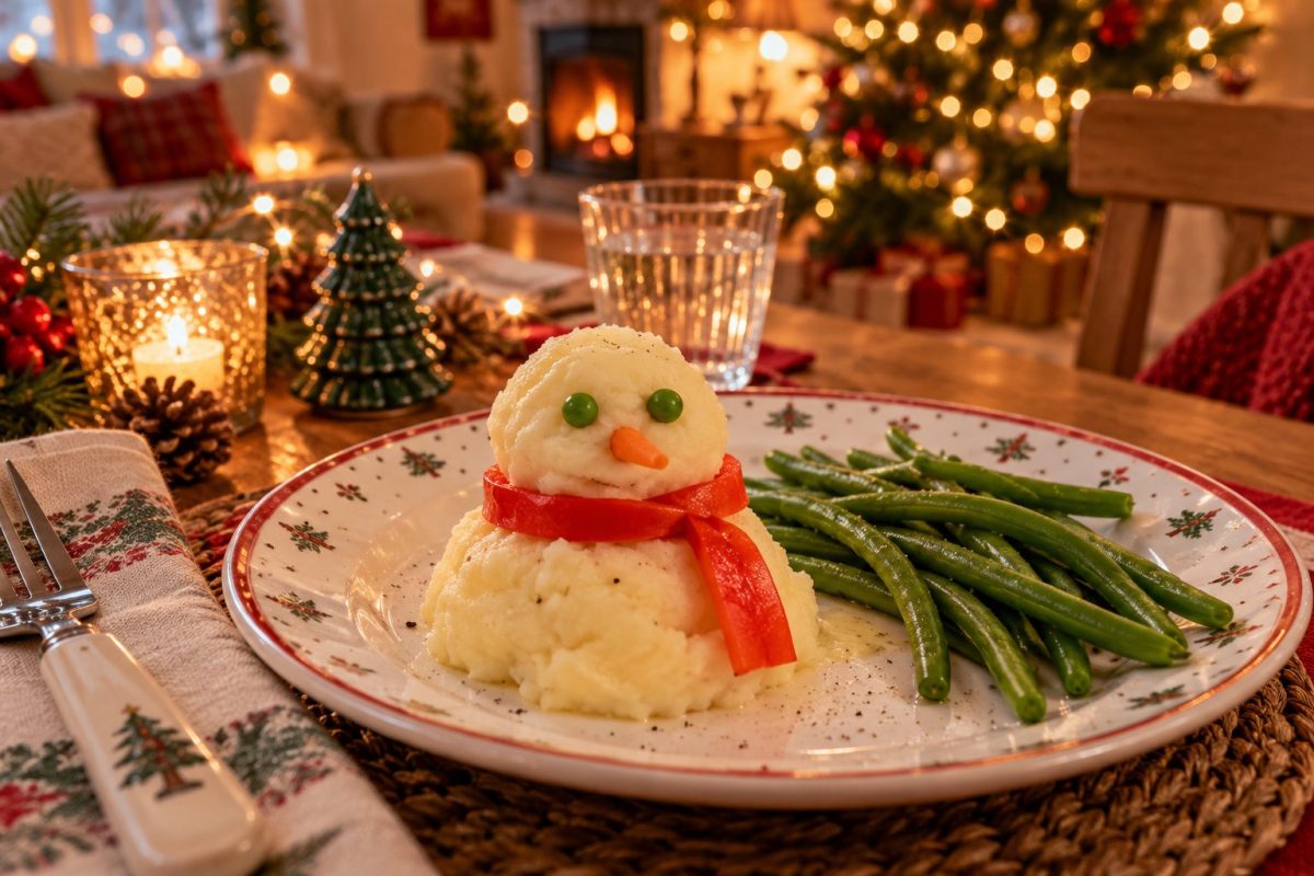 Purée de pommes de terre en forme de bonhomme de neige