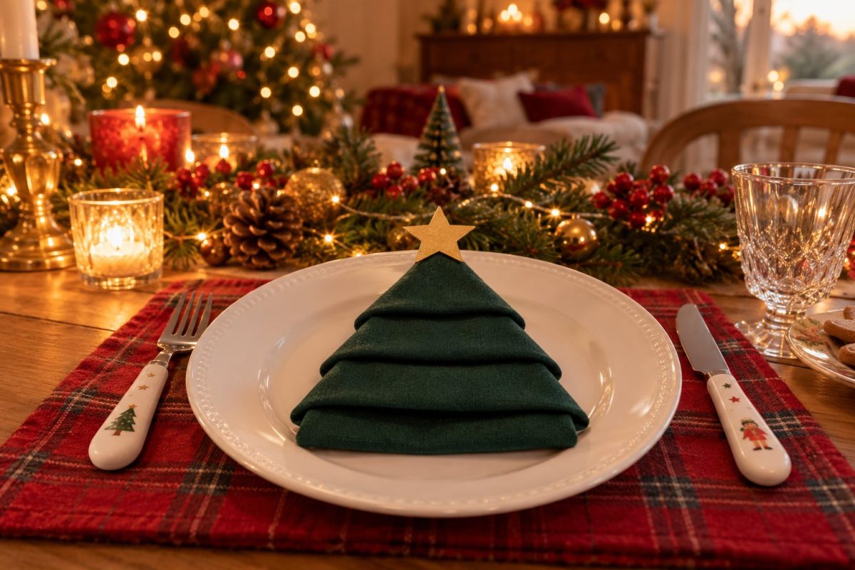 Serviette pliée en forme de sapin dans une assiette d'enfant