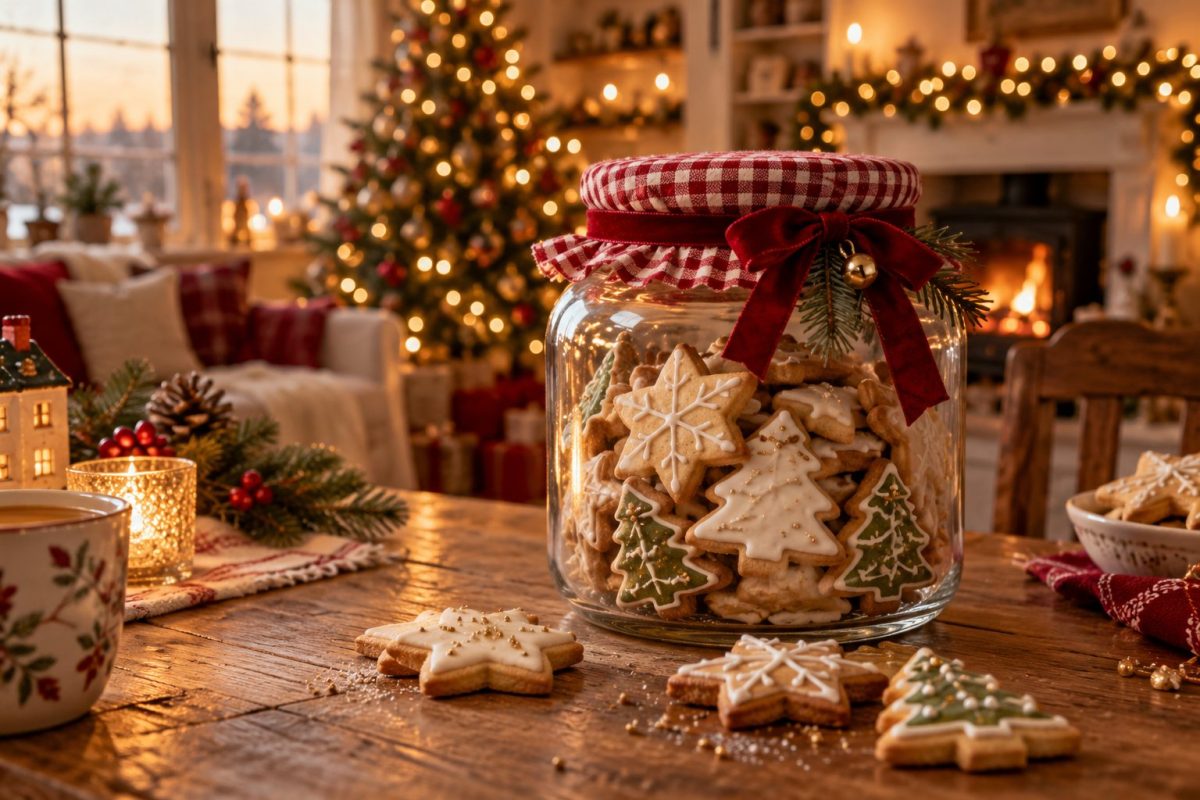 Bocal de sablés de Noël faits maison avec ruban rouge