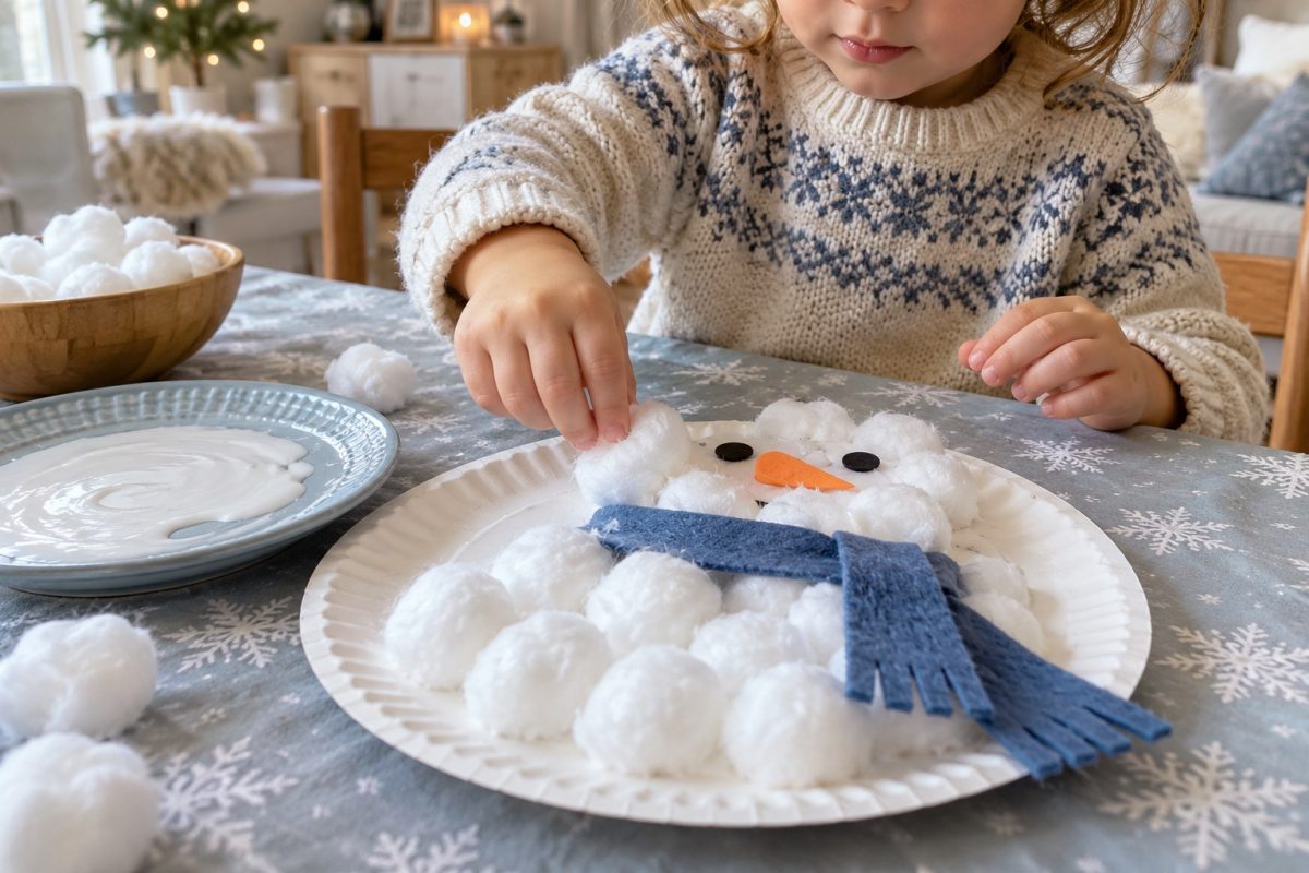 Le bonhomme de neige en assiette et coton