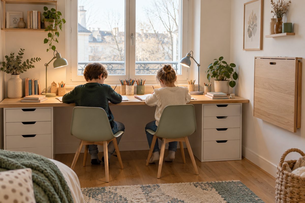 Bureau double avec deux enfants qui font leurs devoirs côte à côte