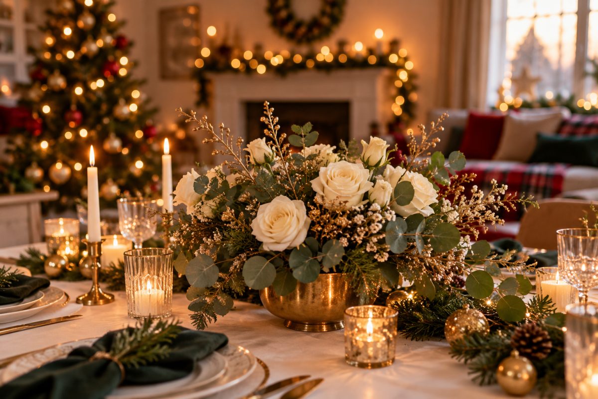 Le centre de table de roses blanches et d'eucalyptus