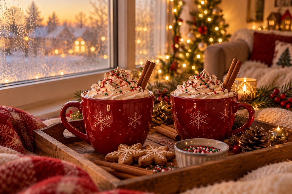 Chocolat chaud du Père Noël avec chantilly et vermicelles