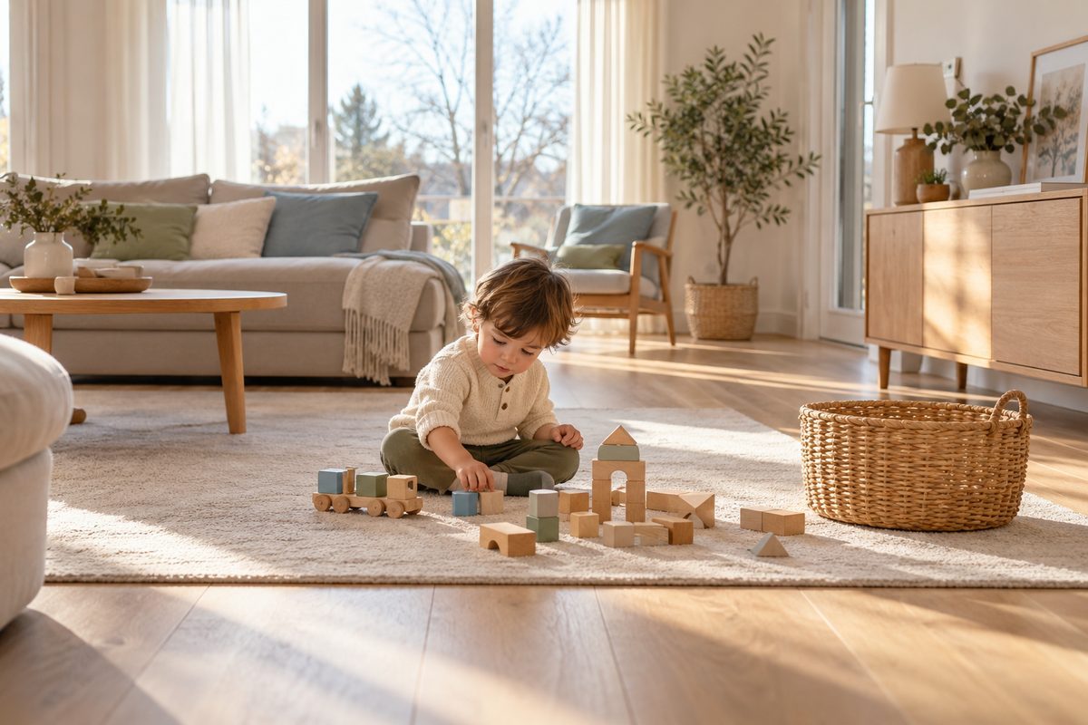 Coin jeu délimité par un tapis dans le salon