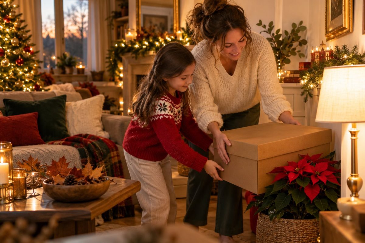 Grand carton posé sur un poinsettia pour sa cure d'obscurité