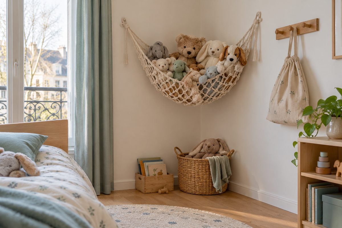 Filet à peluches tendu dans un angle de la chambre