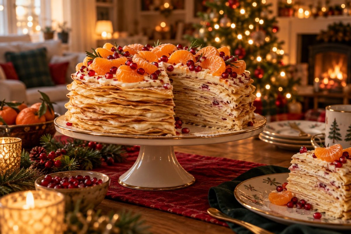 Gâteau de crêpes décoré de clémentines et de grenade