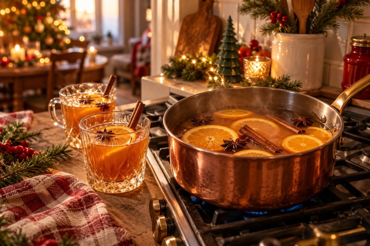 Jus de pomme chaud à la cannelle et à l'orange dans des mugs