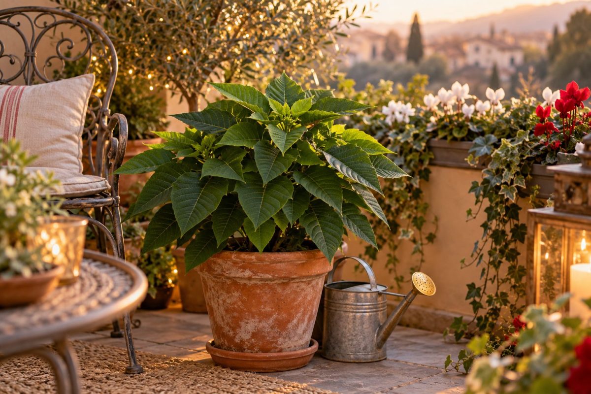 Poinsettia tout vert installé sur un balcon à la mi-ombre en été